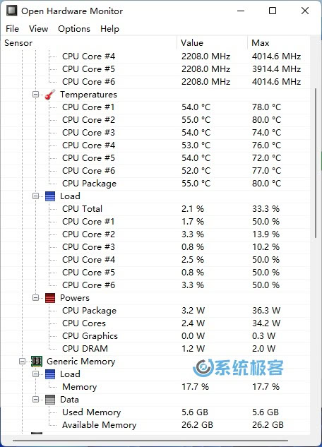 使用 Open Hardware Monitor 查看 CPU 温度